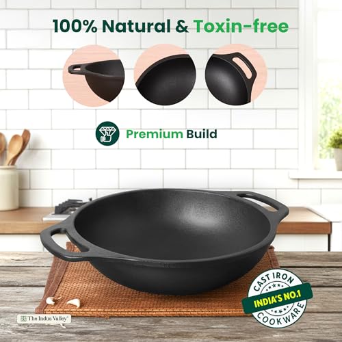Image of The Indus Valley Premium Cast Iron Kadai with Flat Handles | Naturally Nonstick Kadhai, 100% Pure & Toxin-Free, Pre-Seasoned, No Chemical Coating (25.5-10inch - 2.5ltr)