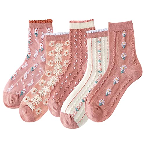 Image of DXYAKY 5 Pairs Womens Floral Cotton Socks Vintage Patterned Crew Socks Novelty Ankle Ruffled Warm Casual Dress Socks