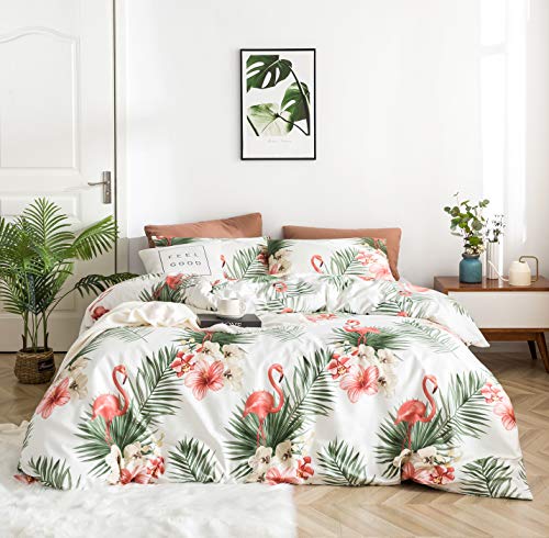 Yuheguoji Flamingo Duvet Cover Queen 100% Egyptian Cotton Green Tropical Botanical Duvet Cover 3 Pcs Set 1 Flower Bird Patterned Duvet Cover With Zipper Ties 2 Pillowcase Plant Floral Bedding Set Soft #TOP10