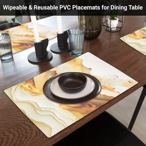 Image of Kuber Industries 12 Pcs Set Wipeable & Reusable PVC Placemats for Dining Table | Food Mats & Dining Table Accessories for Home, Bedroom & Kitchen | Marble Print - Cream & Gold