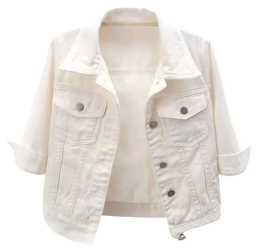 Women Casual 3/4 Sleeve Button Down Cropped Denim Jean Jacket Motorcycle Short Jacket