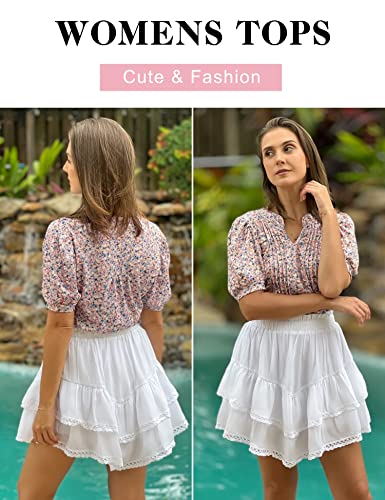 Micoson Womens V Neck Puff Short Sleeve Pleated T Shirts Fashion Summer Tops Casual Tunic Blouse2