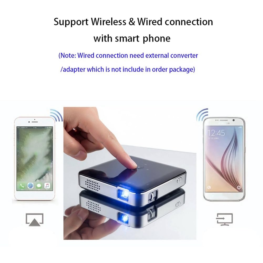 Proyector de Bolsillo DLP con Batería Integrada, Función Mirror Stream Desde Teléfono iOS o para Android, Proyector Inalámbrico Portátil para Exteriores, Enchufe Europeo