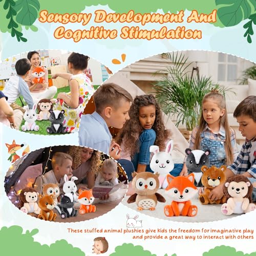 Image of RoundFunny 6 Pcs Safari Animals Toys 7 inch Stuffed Animals Set | Owl Rabbit Fox Beaver Hedgehog Skunk Large Animals Plush Toy for Safari Baby Showers Party Decor, Birthday Gifts Awards