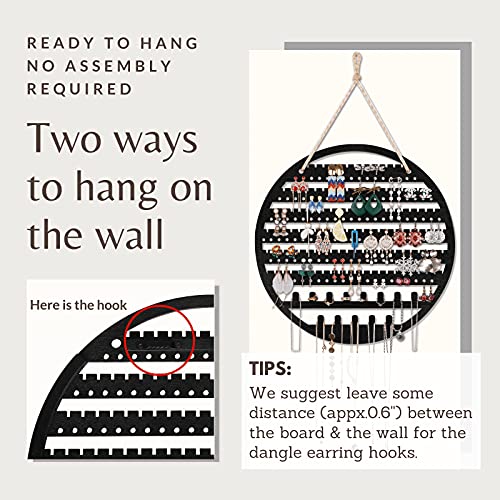 Wooden Jewelry Organizer Wall Mounted, Hanging Jewelry Organizer Earring Organizer Necklace Holder Bracelet Holder Over the Door, Jewelry Holder for Earrings, Necklaces &Rings (13Wx13L, Black)