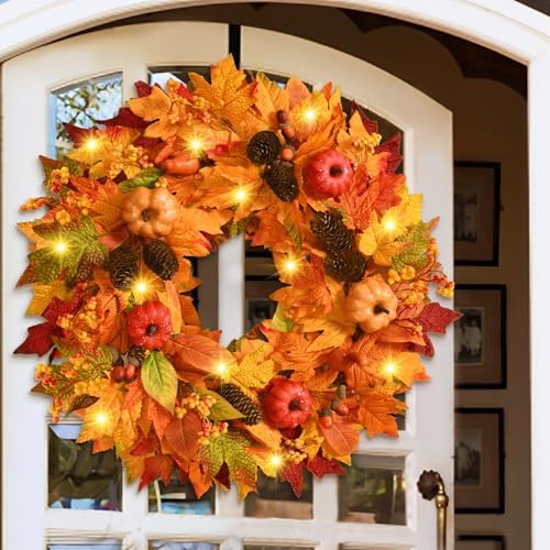 Autumn Fall Wreath for Front Door Harvest Wreaths Halloween Wreath Decor W/Light
