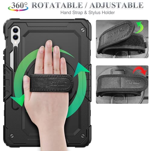 SEYMAC stock Case for Samsung Galaxy Tab S10+ Plus 2024/ S9 FE+/ S9+ Plus 2023 12.4 Inch, Full-body Shockproof Case with 360° Rotating Stand/Hand Strap, Screen Protector & Pen Holder, Black
