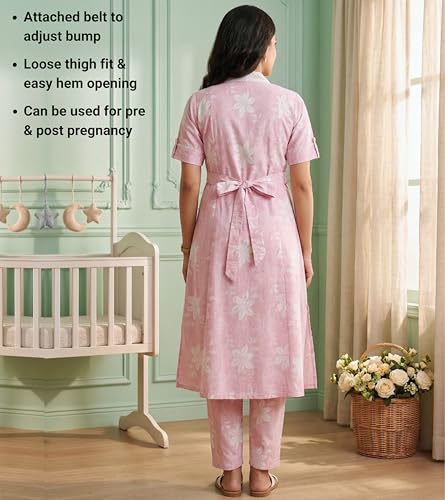 Image of DUMMY SHAPE Maternity Dresses for Women Cotton | Floral Kurta Pant Dupatta Set with Nursing Zippers, Side Pocket | Pre & Post Pregnancy | Feeding Kurti Suit | Baby Shower | Gifts for Pregnant Woman