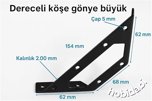 Mobilya Köşe Birleştirme Aparatı, Siyah Metal L Gönye Köşebent, 154x62x68 mm, 2.00 mm Kalınlık, Dolap Sabitleyici Bağlantı Demiri, Montaj Vidası ile Beraber, 4 Adet