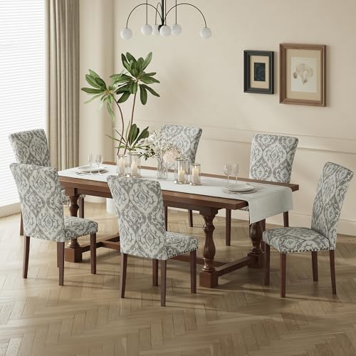 Image of COLAMY Upholstered Parsons Dining Chairs Set of 6, Fabric Dining Room Kitchen Side Chair with Nailhead Trim and Wood Legs - Grey /White Flower
