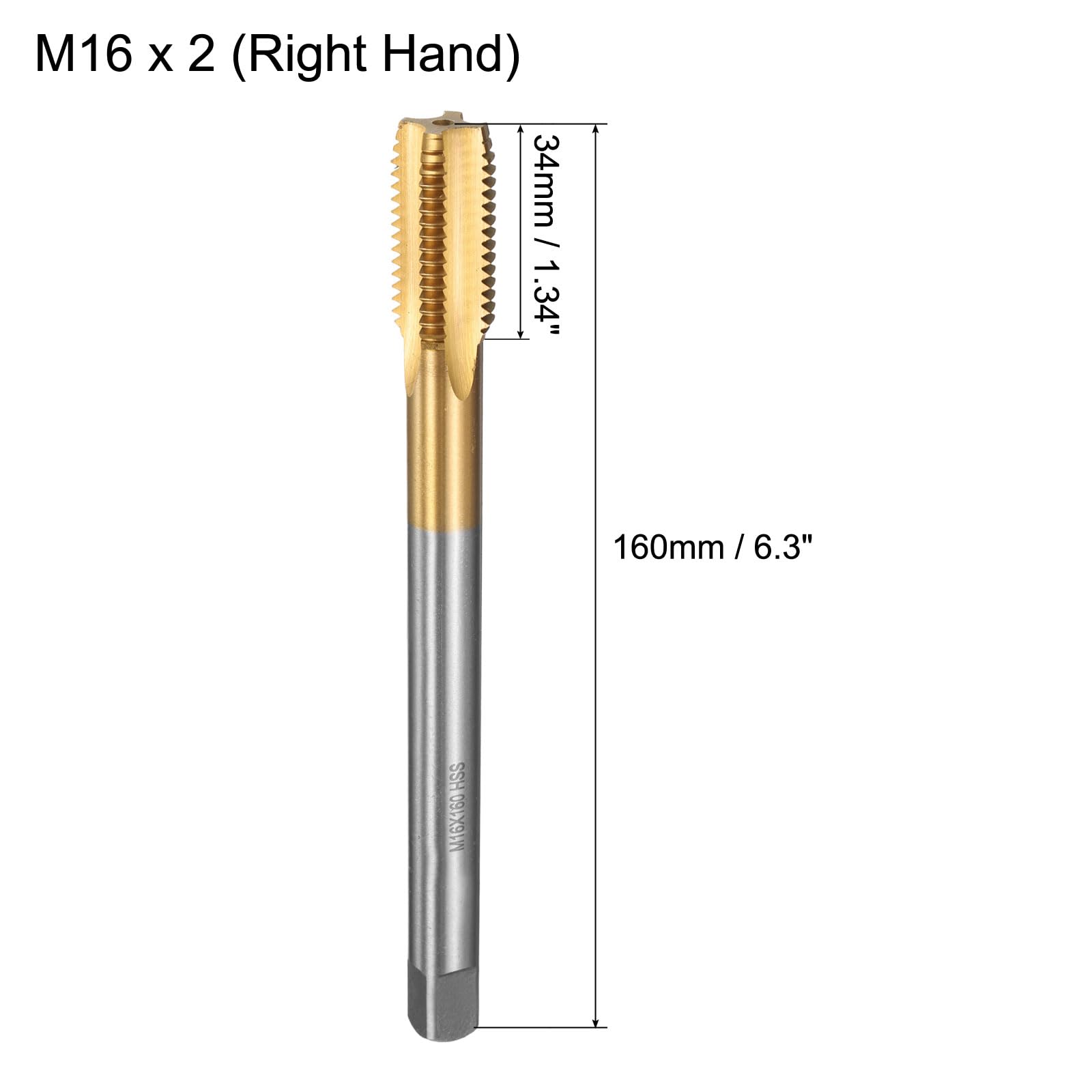 uxcell Tarauds à filetage métrique M16 x 2 H2 160 mm Flûte droite Filetage de fraiseuse Tarauds Outil de réparation