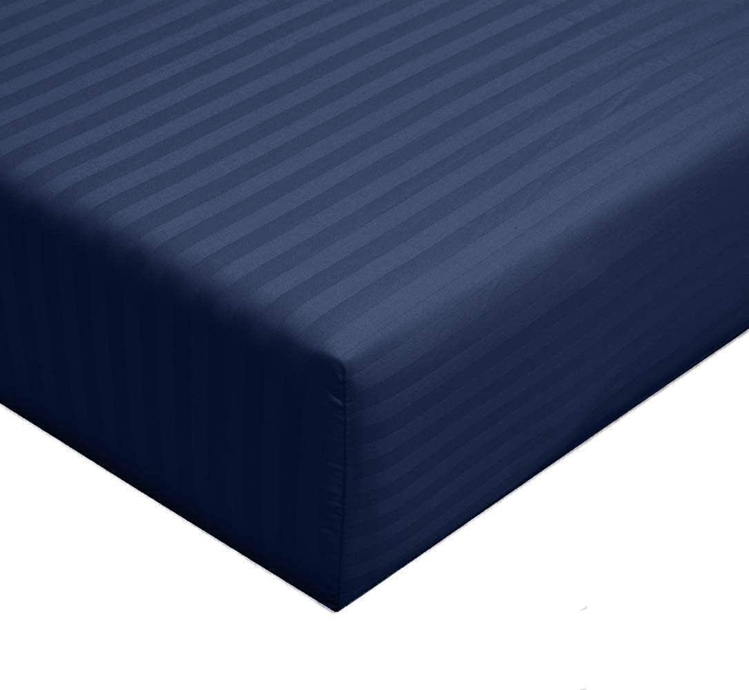 D&D Bed Fitted Sheet - Indigo Stripe Queen Fitted Sheet Only - 800 Thread Count Fitted Sheet - 21 Inch Deep Pocket - Rich 100% Egyptian Cotton - 1 Single Fitted Sheet Only - Wrinkle Free