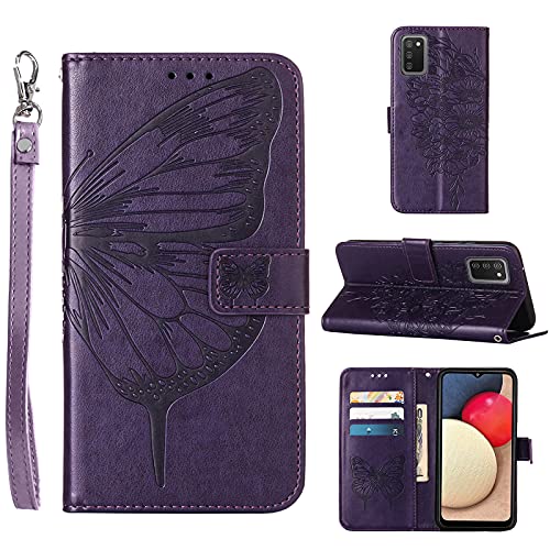 A02s Case,Wallet for Samsung A02s Case,[Kickstand][Wrist Strap][Card Holder Slots] Butterfly Floral Embossed PU Leather Flip Protective Cover for Galaxy A02s Case (Purple)