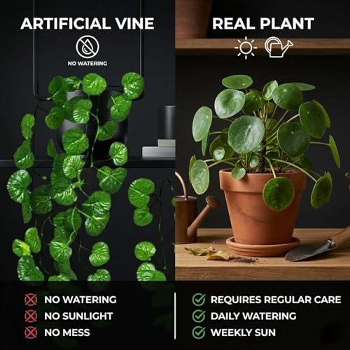 Image of Go Hooked Artificial Hanging Creeper for Home Decor (Pack of 24, 7 Ft) | Green Pilea Coin Leaf Garland with 3x3 cm, 72 Leaves Each | Plastic Decorative Creeper for Balcony, Walls, Garden Decoration