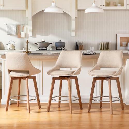 Butacos giratorios de altura para barra, set de 3 unidades color arena, patas de madera maciza, asiento acolchado en tela, ideales para islas de cocina y bares domésticos miniatura 1
