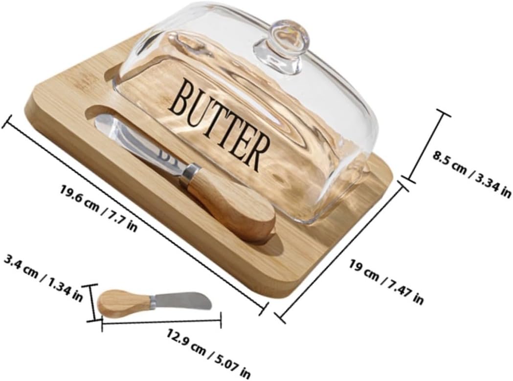 Glass Lid Butter Dish Set with Cutter Wooden Tray Butter Preservation Box and Cheese Container for Kitchen Dining Nordic Style for Dessert and Snacks Serving