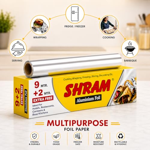Image of SHRAM Aluminium Foil 9 Meter + 2 Meter Free | 11 Micron Food Grade Kitchen Foil Roll | Safe Paper Zigzag Cutter | Multipurpose Foil for Home, Hotel & Restaurant Use | Baking, Grilling & Food Wrapping