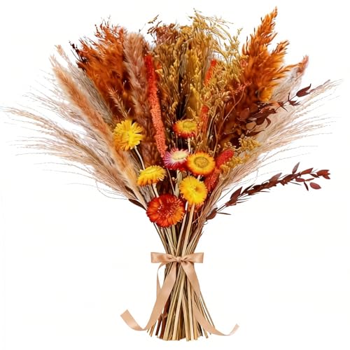 Image of Natural Dried Flower Bouquet - Boho Home Decor with Pampas Grass, Daisy & Reed | Autumn Floral Arrangement for Vase,Table Centerpiece | Indoor & Porch Fall Decorations for Home, Wedding, or Gift