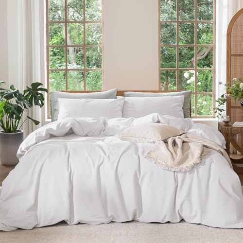 Boqingzhu Bettwäsche 135x200 cm Ägyptische Baumwolle Perkal Weiß Einfarbig Weich Atmungsaktiv Bettwäsche Set Einzelbett Baumwoll Bettbezug 135 x 200 und Kissenbezug mit Reißverschluss
