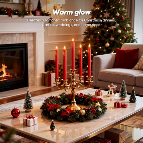 Image of Homemory 6 Pcs Real Wax Made Flameless Taper Candles with Remote and Timer, Red Battery Operated Candlesticks Flickering, 9.6 inch Led Taper Candles with Lifelike Flame for Xmas Home Date Decor