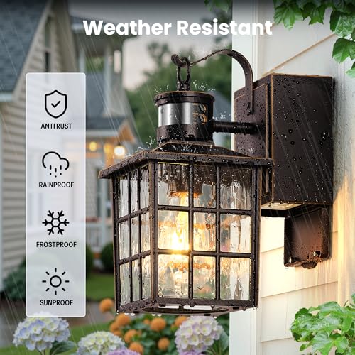 Image of Gleamz Motion Sensor Exterior Garage Lighting Fixtures with GFCI Outlet, Farmhouse Oil Rubbed Bronze Gold Trim Outdoor Porch Lights Wall Mount, Waterproof Dusk to Dawn Outdoor Sconce Lights for House