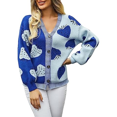 Women's Y2K Floral Print Sweater Long Sleeve Knit Cardigan Sweater Open Front Button Down Outwear Coat Tops (D-Blue, L) Cover