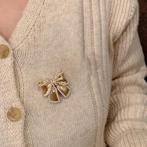 Image of 14k Golden Plated Bow Knot Lapel Brooch Pin Cultured Pearl Ribbon Bow Pins Clip Sweater Dress Suit Clothes Accessories Brooches Pins Fashion Christmas Birthday Jewelry Gifts for Women Girls Decor
