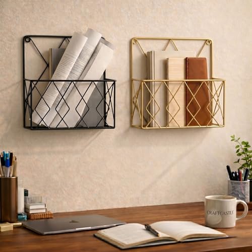 Image of Hanging File & Magazine Holder - Wall Mounted Metal Organizer for Newspapers, Documents & Office Storage | Decorative Black Wall Rack for Home & Workspace (Black+Golden)