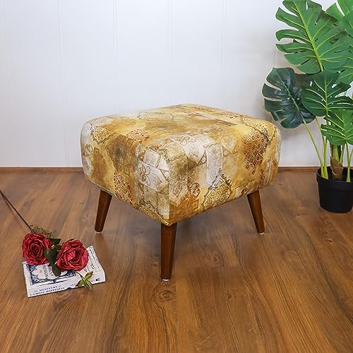 Image of The Artage Puffy Stool For Living Room Vanity Dressing Table Sitting Printed Premium Foam Cushioned Pouffe Ottoman for Foot Rest In Yellow Brown Home Decor Furniture Wooden (Floral) (Traditional Hues)