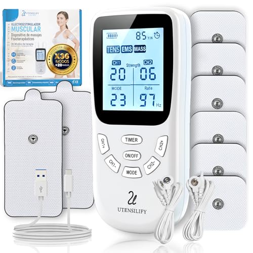 | UTENSILIFY® SUPER PACK Electroestimulador Muscular 3 EN 1 PREMIUM | 6 Electrodos Para Tens + 2 Electrodos Fisioterapia | 36 Modos + 20 Niveles de Intensidad | Estimulador Muscular | Tens | EMS|Mass
