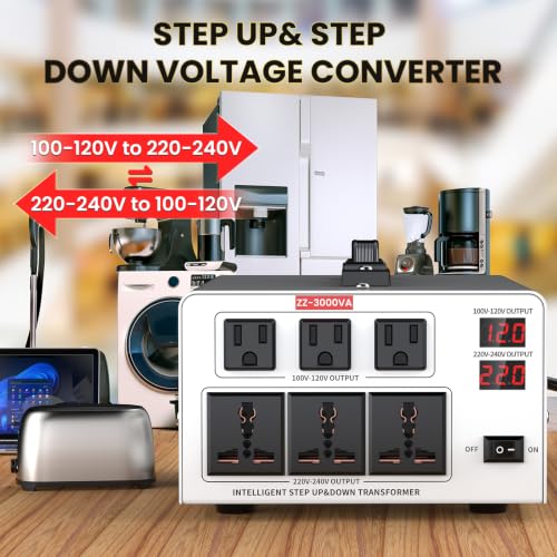 Image of 3000W Voltage Converter Transformer - Step Up 110V to 220V & Step Down 220V to 110V, Auto Input Recognition, 3 US & 3 Universal Outlets, LCD Display, Circuit Breaker for Travel & Home