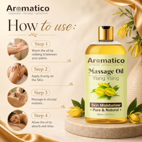 Image of AROMATICO Ylang Ylang Massage Oil for Sunny, Sensual, Floral Fantasy Date Nights | Intimate, Romantic & Arousing Aromatherapy Massage for Couples | Non-sticky and Lightweight - 300 ml (Pack of 2)