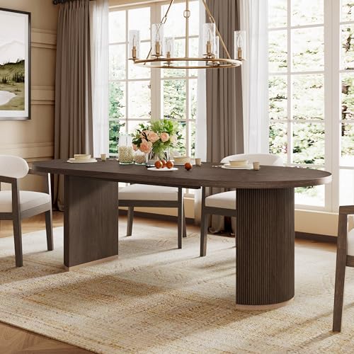 Christopher Knight Home Lancas Modern Minimalist Wooden Indoor Dining Table, Oval Top Dining Table Set for 6, Pedestal Dining Room/Kitchen Table, Ideal for Restaurant/Family Gatherings, Walnut Brown
