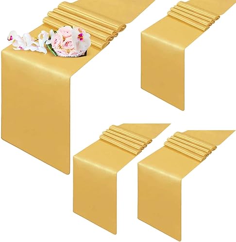 Paquete de 4 caminos de mesa, 12 x 108 pulgadas, satén desechable, lavable de seda brillante y tela lisa, funda larga de alta calidad para boda,