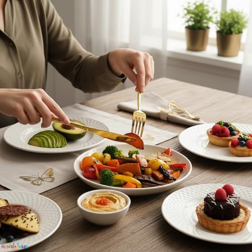 Image of Slim Handle Gold 4 Pcs Stainless Steel Cutlery Set for Dining Table, Dishwasher Safe Glossy Flatware (1 Spoon Set+1 Forks Set+1 Butter Knife+1 Dessert Spoon)