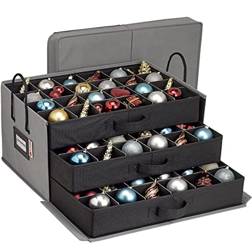 HOLDN’ STORAGE Christmas Ornament Storage Box with Dividers, Holds 72 Ornaments (3 Inch), Large Ball Storage Container with 3 Removable Trays, Durable and Portable - Gray