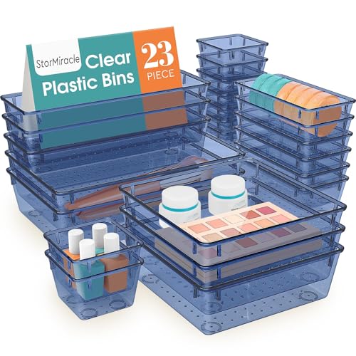 Image of 23 PCS Drawer Organizer Set, 5 Size Bathroom and kitchen organizer Trays | Bathroom and kitchen Drawer cabinet organizer Trays, Clear Storage Bins for Makeup, Jewelry, Utensils and Gadgets