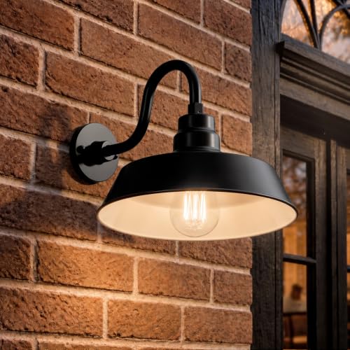 Image of 14in. Satin Black Outdoor Gooseneck Barn Light Fixture with 10in. Long Extension Arm - Wall Sconce Farmhouse, Vintage, Antique Style - UL Listed - 9W 900lm A19 LED Bulb (5000K Cool White)