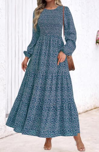 Image of PRETTYGARDEN Women's Fall Dresses 2026 Long Sleeve Flowy Casual Floral Maxi Dress Crew Neck Smocked Tiered Long Dress