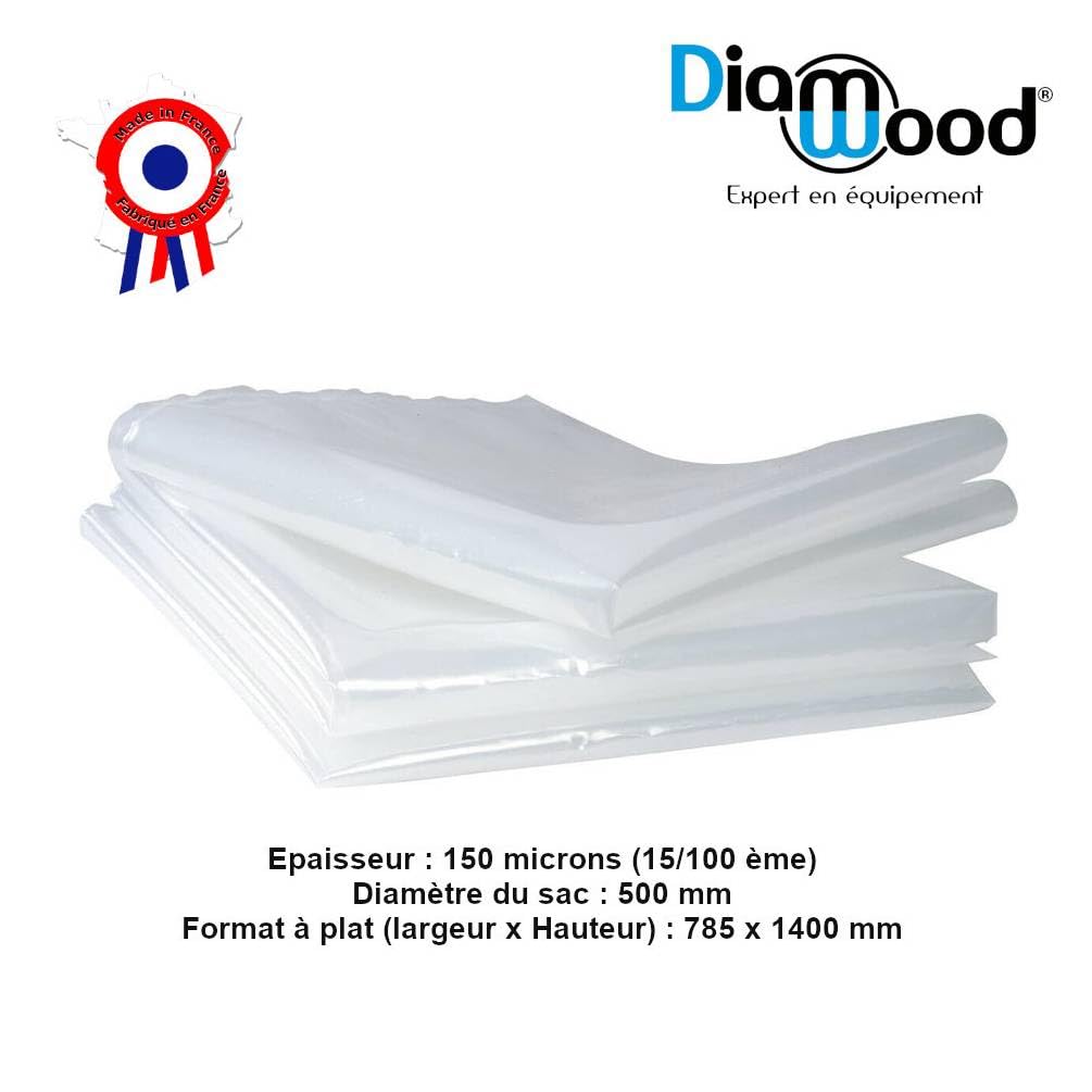 DIAMWOOD - 10 Sacs Aspiration Copeaux Et Poussière Bois - Diamètre 500mm Épaisseur 150 Microns - Lot de Récupération Transparent PEBD pour Atelier