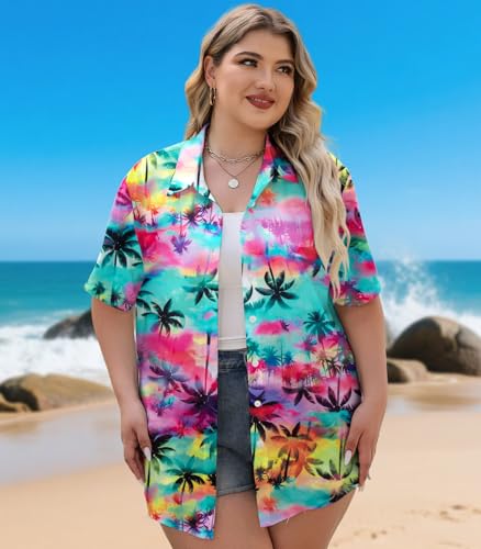 Plus Size Women Hawaiian Shirt Soft Cool Summer Hawaii Shirts Floral Tropic Print V Neck Button Down Shirts Beach Tops2