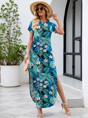 Image of Heymoments Womens Summer Maxi Dress Short Sleeve Casual Loose Long T Shirt Split Vacation Beach Sundress with Pockets