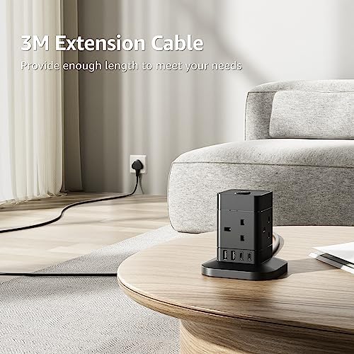 3M Cube Extension Lead with USB C, Hotimy 4 Way Plug Extension Socket with 4 USB (2 USB A & 2 USB C), Child Safety Extension Cord with Switch Black Power Strip for Home Desk Office