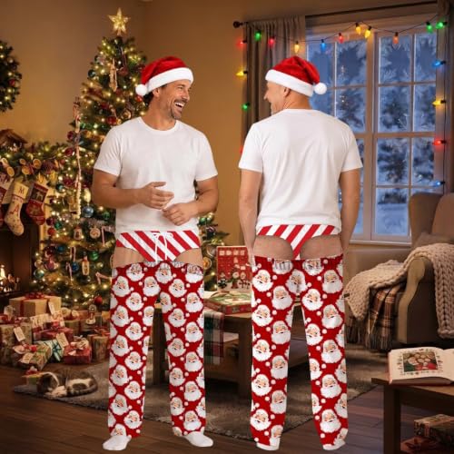 Funny Christmas Pajamas Men Novelty Thong Butt Print Santa Ugly Pajama Pant | Elastic Waist Drawstring Sleep Pant Soft Wide Leg Loose Fit Loungewear Trousers for X‑mas Party & Gift #Red Medium - image 3