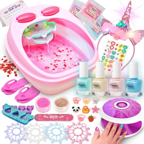 Glow in Dark Kids Spa Day Kit for Girls, 42+ Pieces Waterfall Foot Spa Toys, Nail Spa Kit, Pedicure...