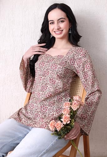 Image of MEERA FAB Women's Floral Printed Cotton Short Top | Daabu Printed Kurta with Full Sleeves | Short Kurti for Women