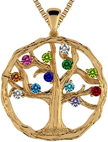 Central Diamond Center Tree of Life Birthstone Mothers Necklace w/ 1-12 Simulated Birthstones- 10K Yellow Gold