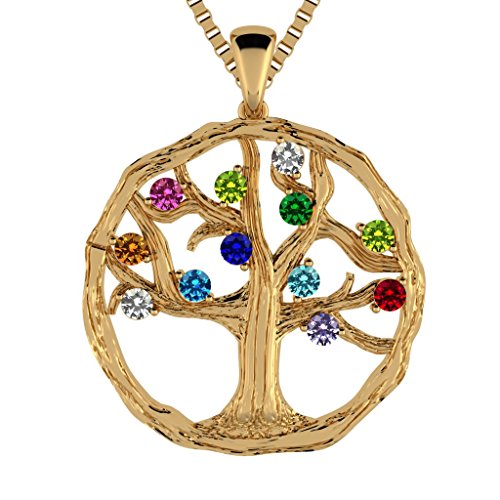 Central Diamond Center Tree Of Life Birthstone Mothers Necklace W/ 1-12 Simulated Birthstones- 10K Yellow Gold #TOP24