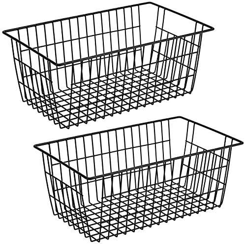 SANNOFreezer Baskets Wire Storage Baskets Closet Baskets Bin Farmhouse Organizer Storage Bins Large Organizer Bins for Home, Office, Bathroom, Pantry Organization Storage -Black Set of 2, 15.7"