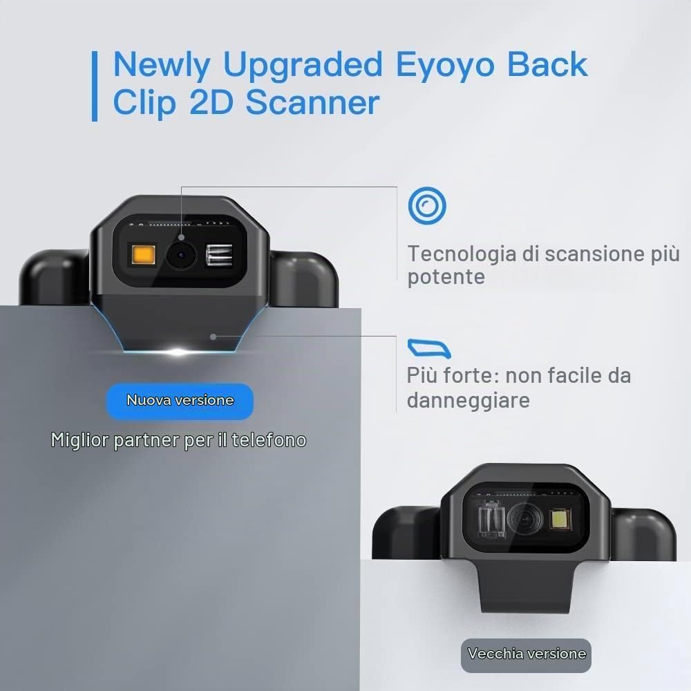 Eyoyo Scanner Codici a Barre Bluetooth Clip 2D per Telefono Cellulare Lettore di Codici Portatile Immagini QR 2D 1D PDF417 Scansione Matrice di Dati Maxicode per Android IOS Smartphone